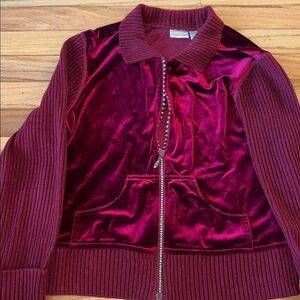 Newport News Deep Red Velvet zip up sweater with rhinestones